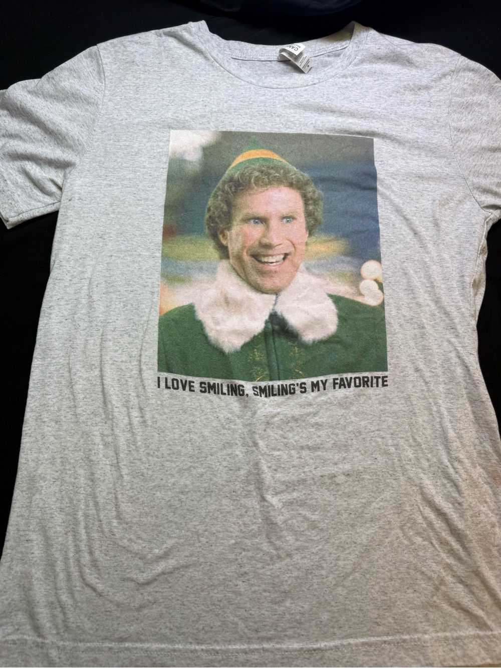 Gray Graphic Tee with Festive Elf Print - M
